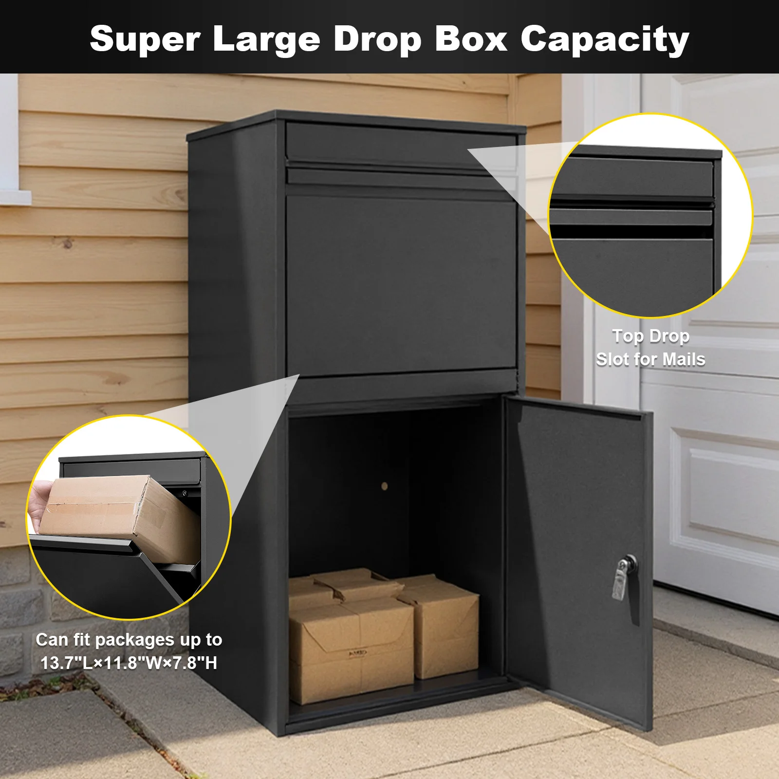 

Anti Theft Lockable Parcel Container Black Metal Large Capacity Waterproof Durable Storage for Home Outdoor Package Mailing