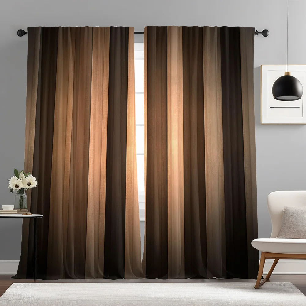 Brown Vertical Stripe Curtains Set of 2 Rod Pocket Semi Sheer Beige Taupe for Living Room Bedroom Decor
