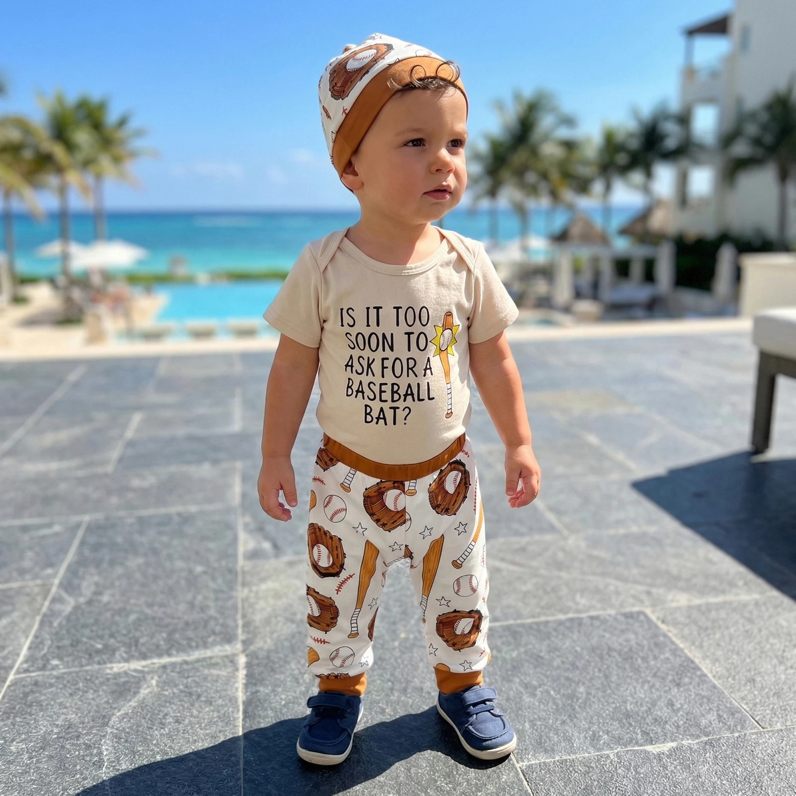 

Летний комплект для младенцев: боди с коротким рукавом и принтом в стиле бейсбола, штаны на резинке и шапочка с узлом, 3 предмета