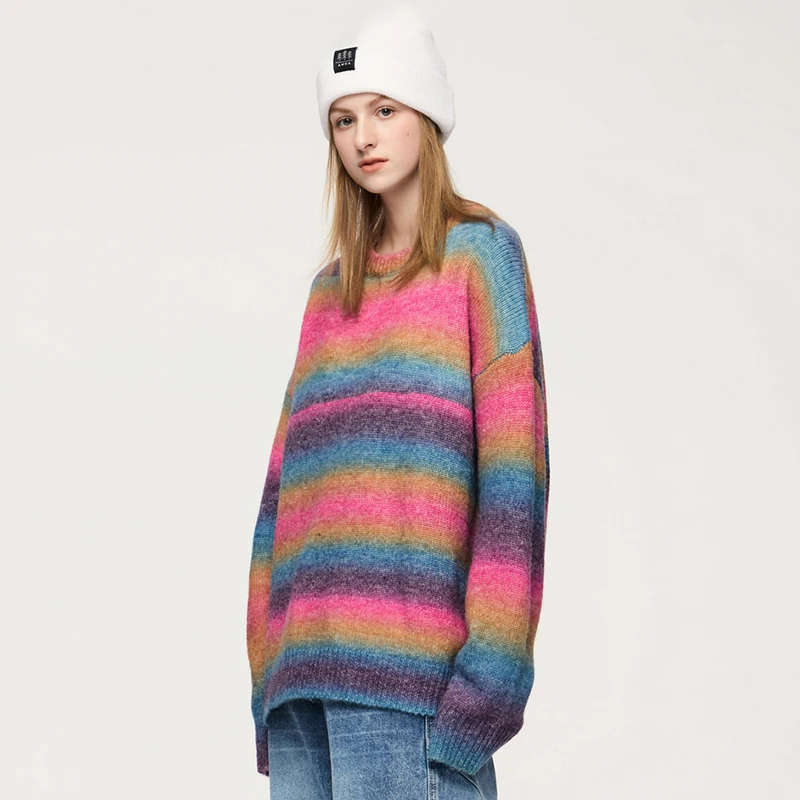 

Gradient Contrasting Color Striped Sweater Men's and Women's Autumn and Winter Fashion Street Lazy Couple round Neck Warm Top