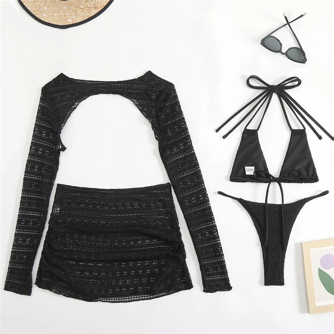 4-teiliges Halter-Bikini-Set mit Rock, langärmeligem Oberteil, Damen-Badeanzug, Damen-Bademode, Badebekleidung, Badeanzug, Schwimmanzug V6339 – Detail 28