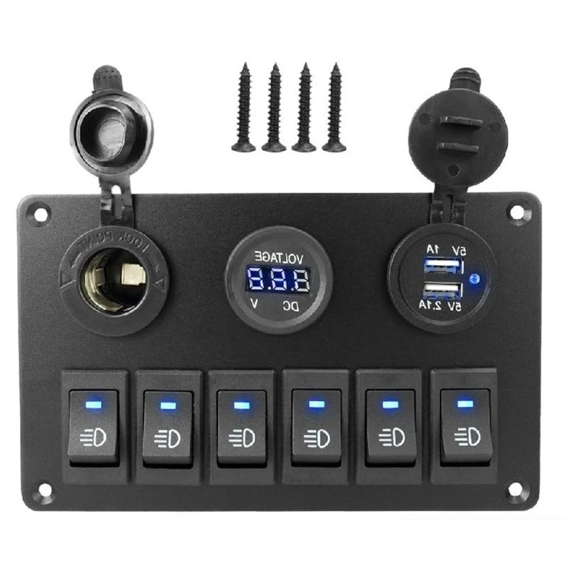 LED Digital Voltmeter Rocker Switch Panel 6 Gang Car Marine Waterproof Circuit Breaker Dual USB Port On/OFF DC 12V