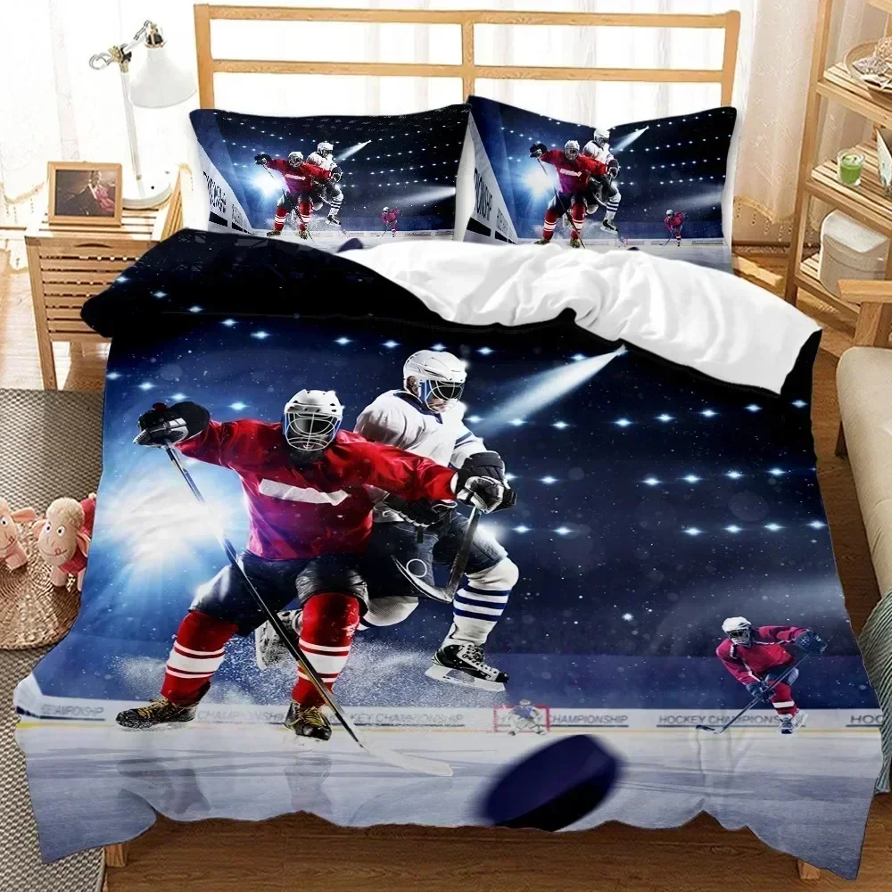 Ice Hockey Duvet Cover Twin Hockey Sport Player Winter Extreme Sport Game Bedding Set Sheet Printed Pillowcase Comforter Bedroom