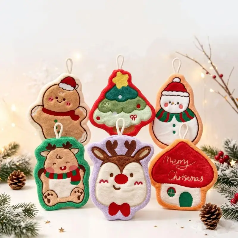 Water Absorption Christmas Hand Towels Quick-drying Coral Fleece Christmas Tree Handkerchiefs Cleaning Hanging