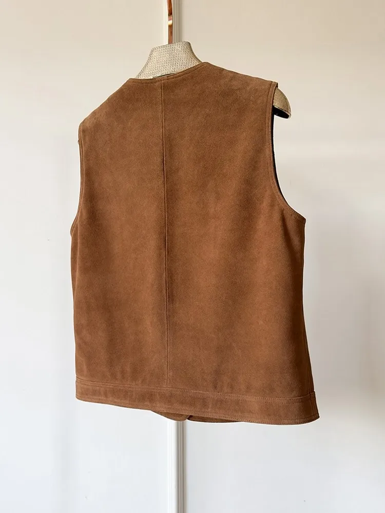 Elegant Female Fashion O Neck Real Suede Leather Loose Vest Single Breasted Office Waistcoat Lady Loose Genuine Leather Jacket