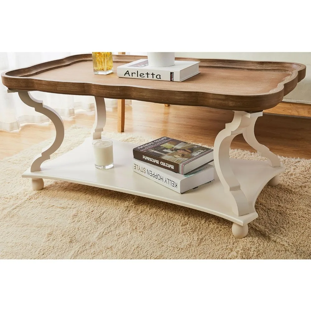 

Rustic Farmhouse Cottagecore Coffee Table, Natural Tray Top Sofa Table for Family, Dinning or Living Room, Small Spaces,