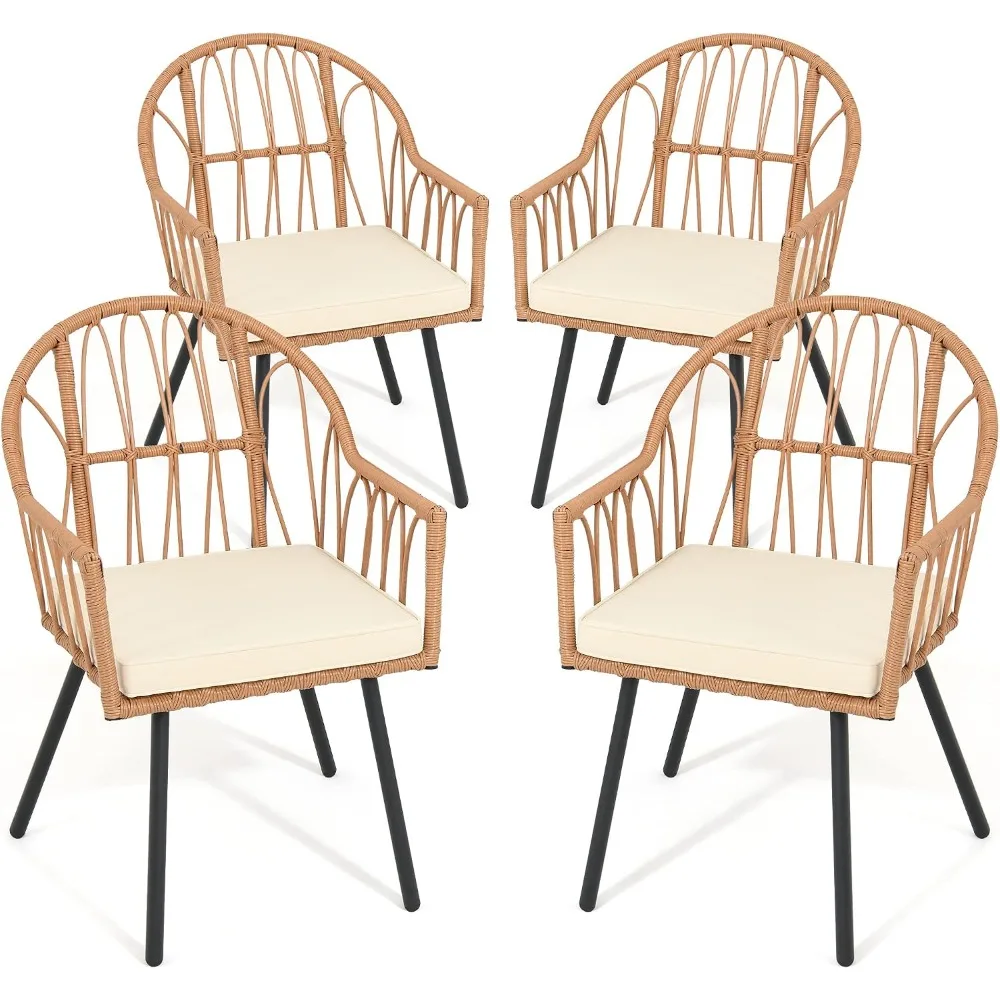 4-Piece Rattan Dining Chairs Set with Cushion and Curved Back for Outdoor and Indoor Use
