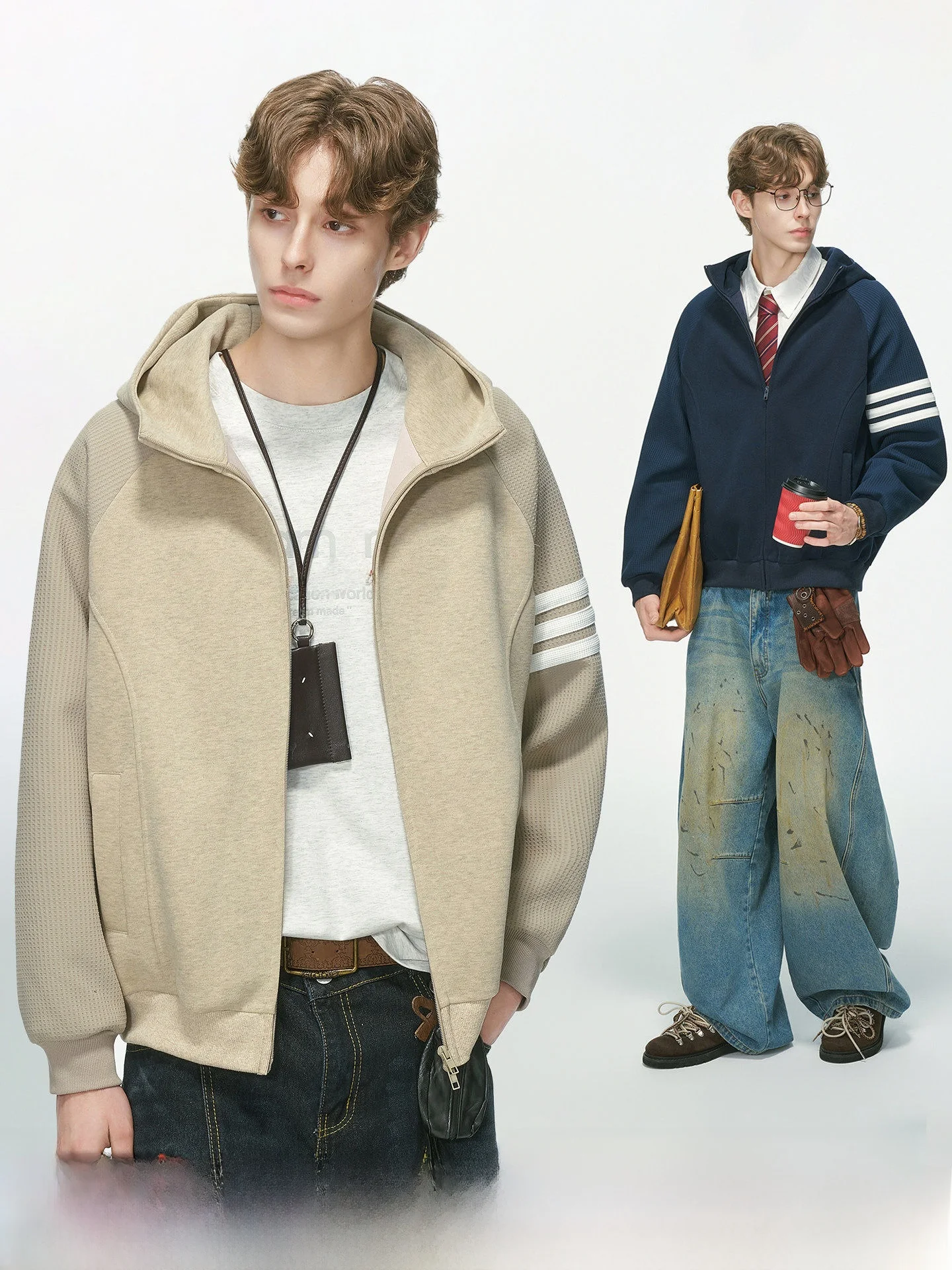 American College Style Texture Three Bars Splicing Hoodie Men's Autumn Commuting Jacket Loose Fit Long Sleeve Zipper Closure