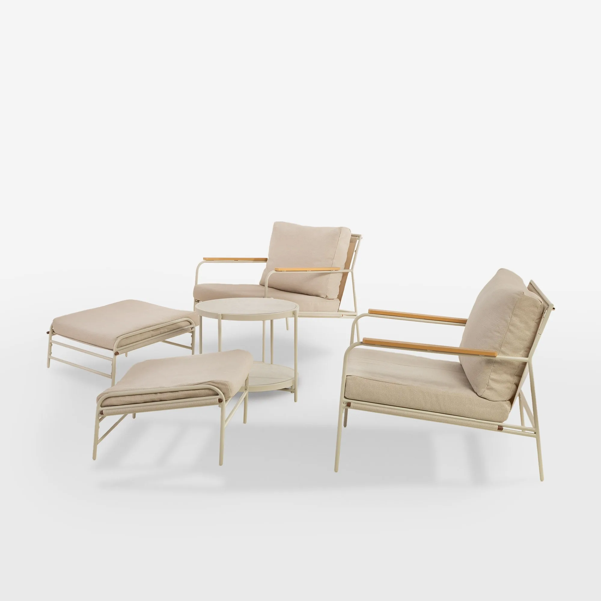 5 Piece Garden Furniture Set Steel Frame Outdoor Sofa with Imitation Wood Armrest Poolside Leisure Chair and Footstool for