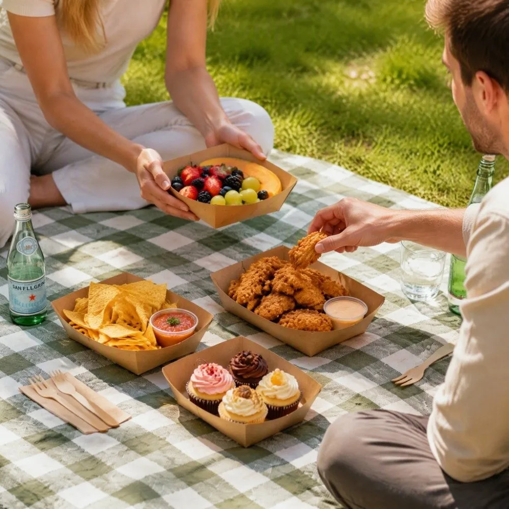 50PCS Kraft Paper Paper Food Tray Grease Resistant Film Laminated Snack Serving Tray Food Boat French Fries Tray