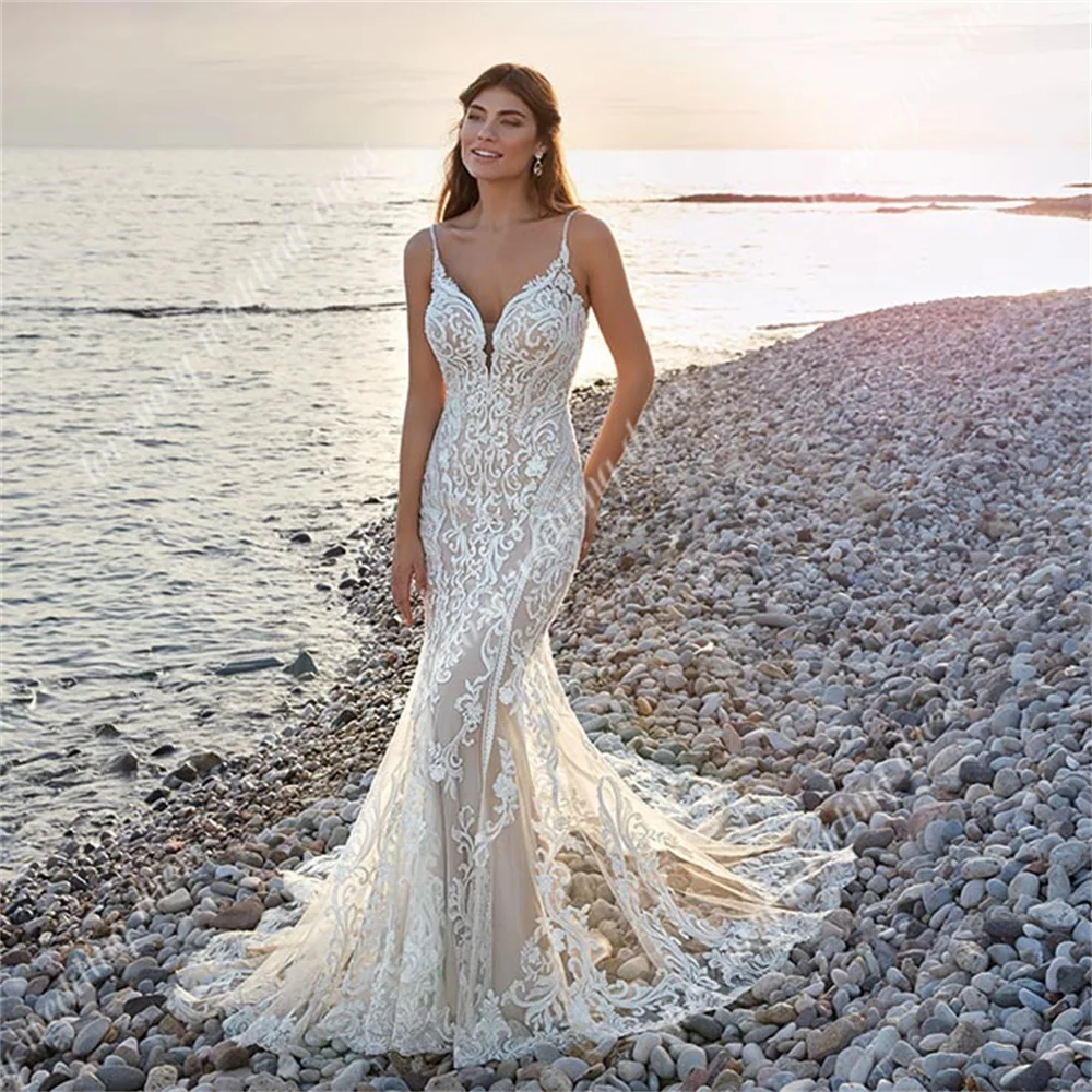 Vestidos de novia de sirena Sexy para mujer, Apliques de encaje, cuello en V, vestido de fiesta de boda, vestidos de novia de playa Boho, vestidos hechos a medida