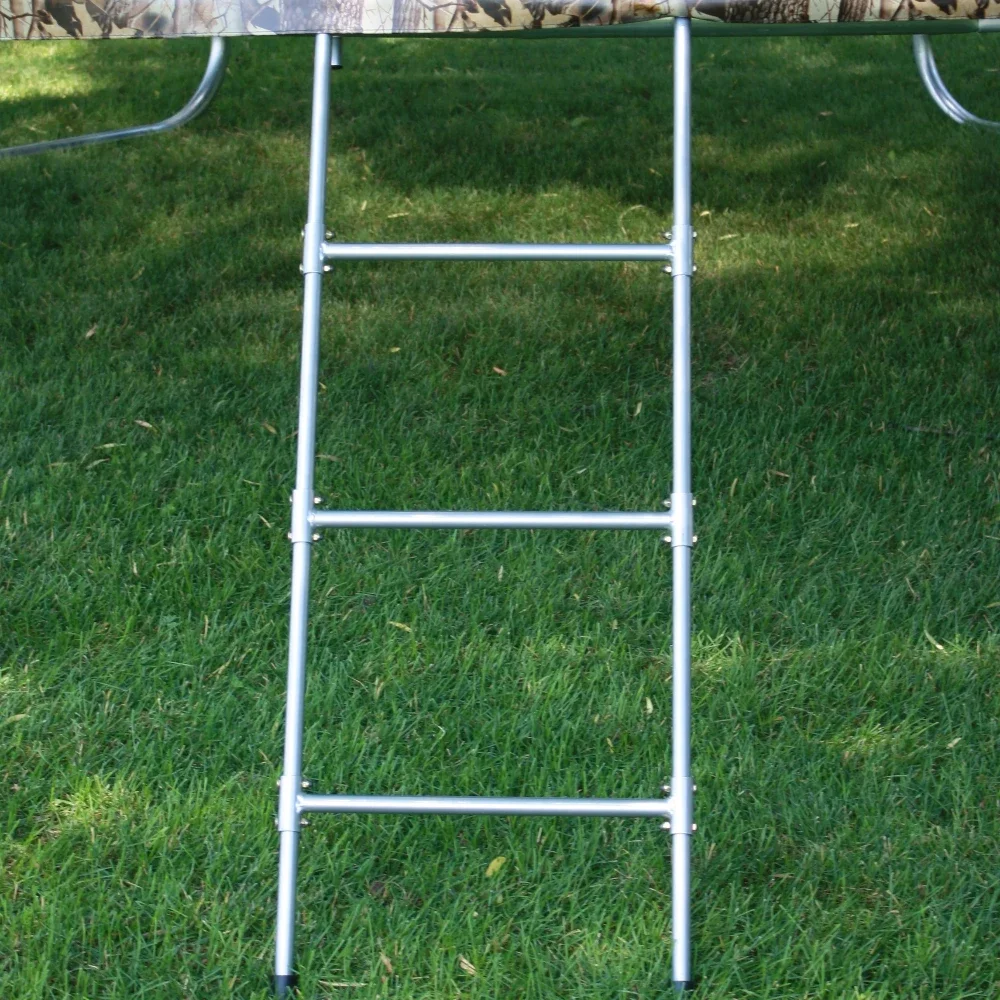 3-step ladder made of weather-resistant galvanized steel easily hooks onto the trampoline for quick installation