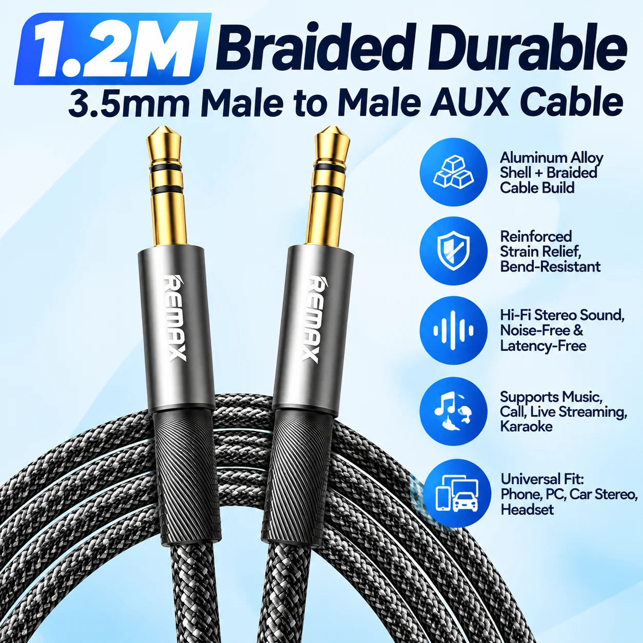 REMAX 3.5mm Male to Male AUX HiFi Audio Cable 1.2M Braided Aluminum Alloy Anti-Bend for Car Stereo Phone PC Headset
