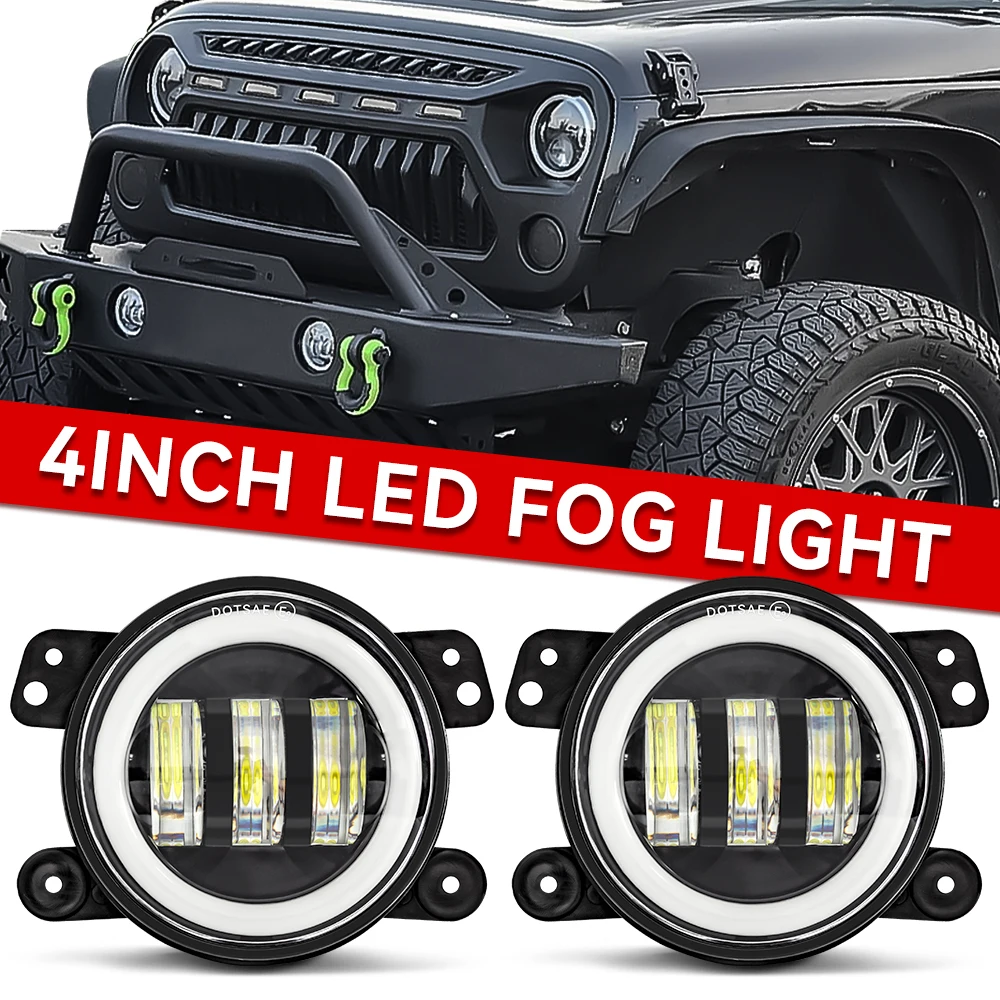 

4 Inch LED Fog Lights With White Halo Ring DRL Round Car Driving Light Offroad Fog Lamps For Wrangler JK TJ Dodge