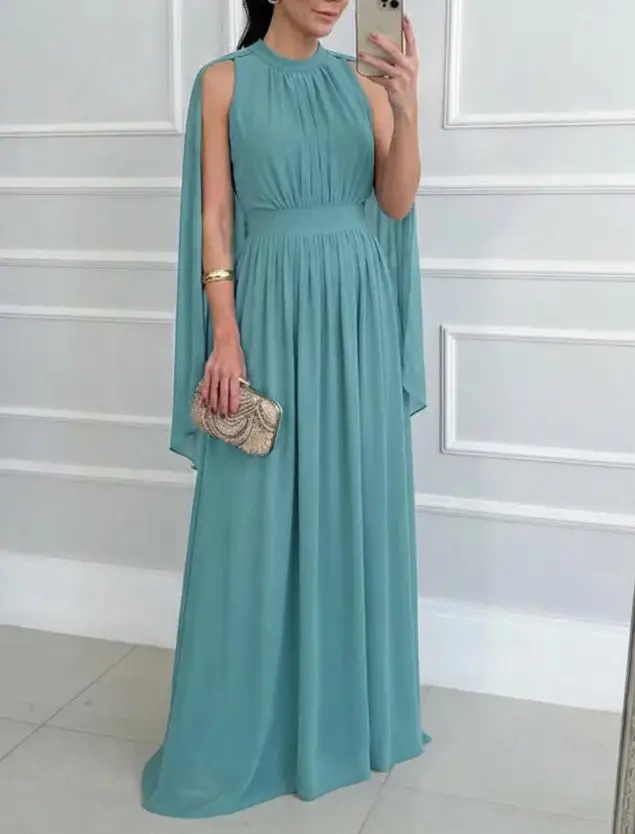 

Women Dresses 2026 New Round Neck Sleeveless Capelet Chiffon Maxi Dress Ruched Waist Flowy Evening Gown for Wedding Guest