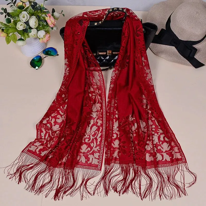 New Design Hot Brand Solid Lace Summer ScarfHollow Embroidered Fringed Mesh Shawl Women Muslim Hijab Shawl Long Soft Wrap