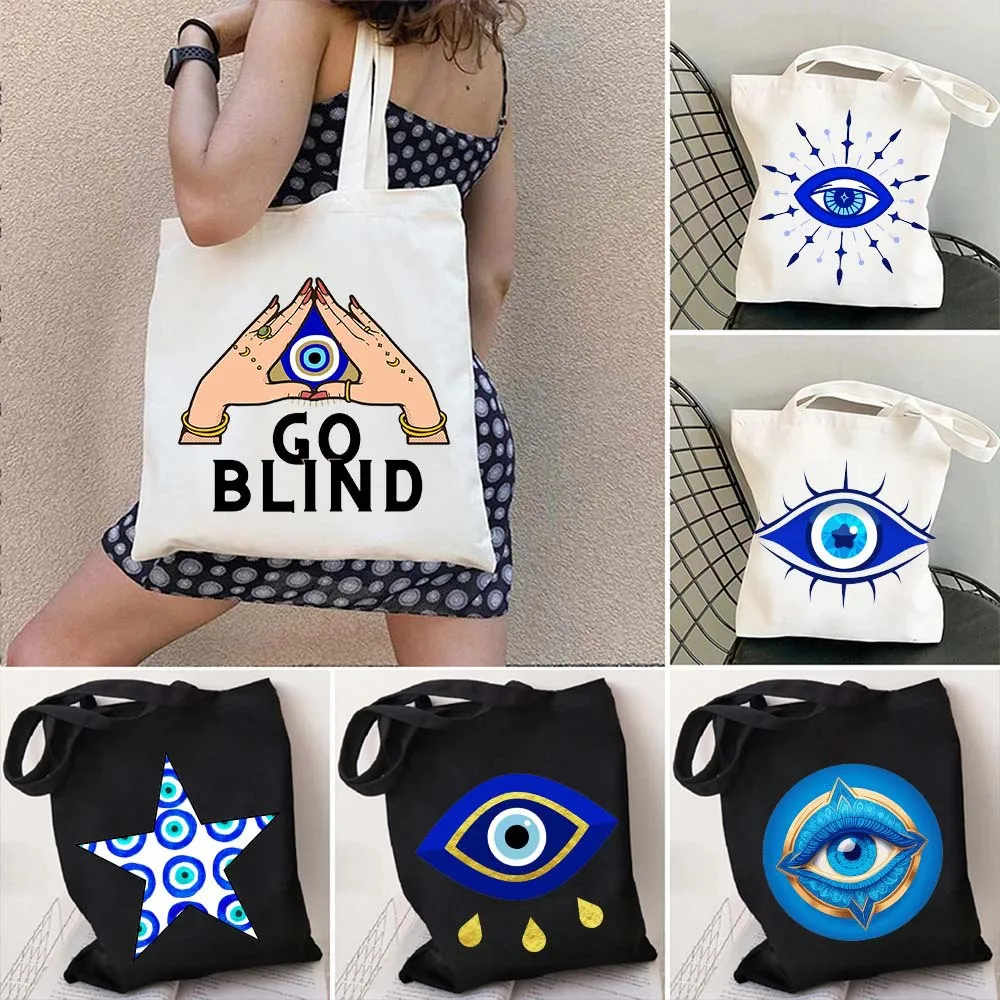 Graffiti Greek Evil Eye Printed Canvas Bag Single Shoulder Bag Folding Bag Handheld Shopping Bag