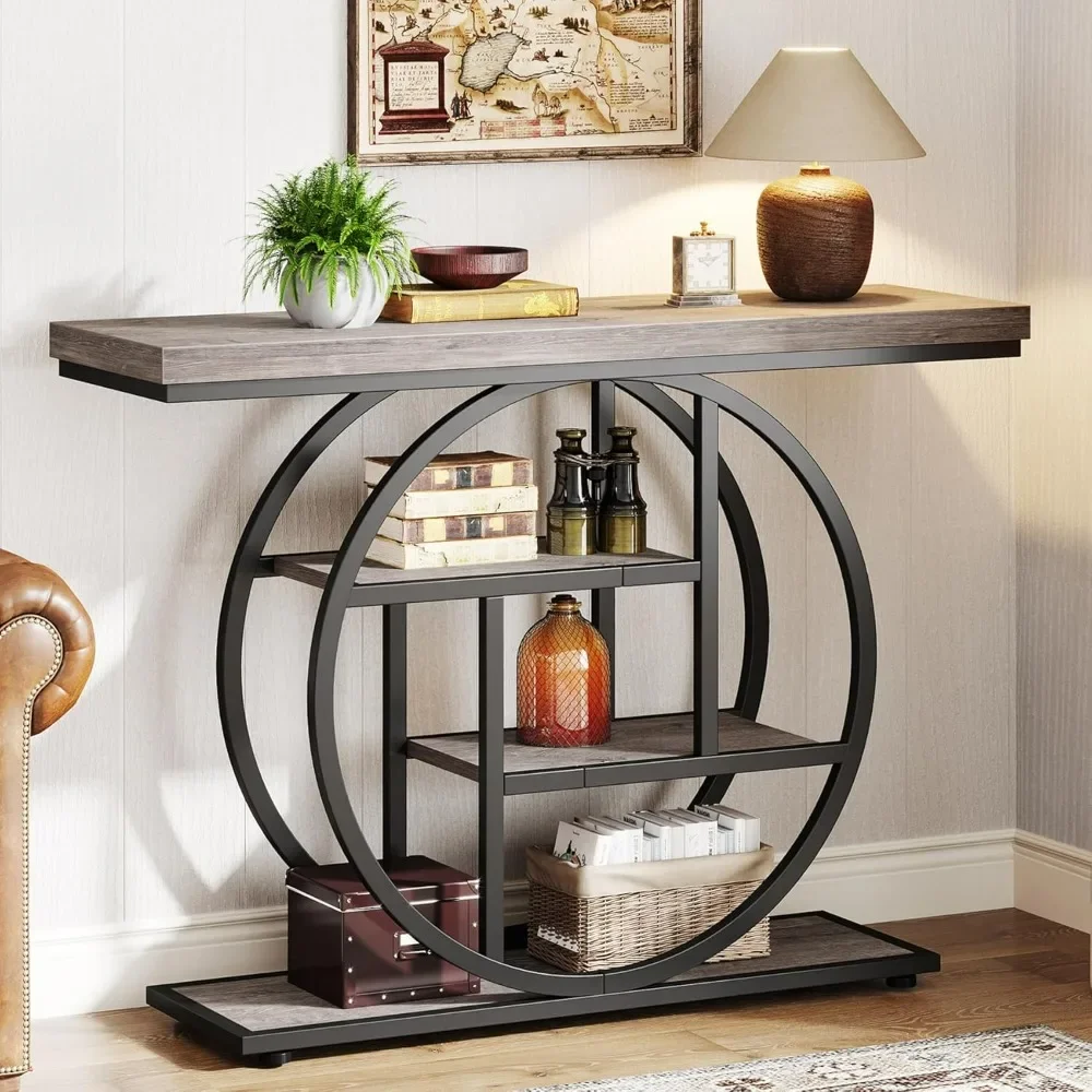 

41.3" Console Table, Industrial 4-Tier Sofa Table Entryway Table with Circle Base,Narrow Wood Accent Tables with Storage Shelves