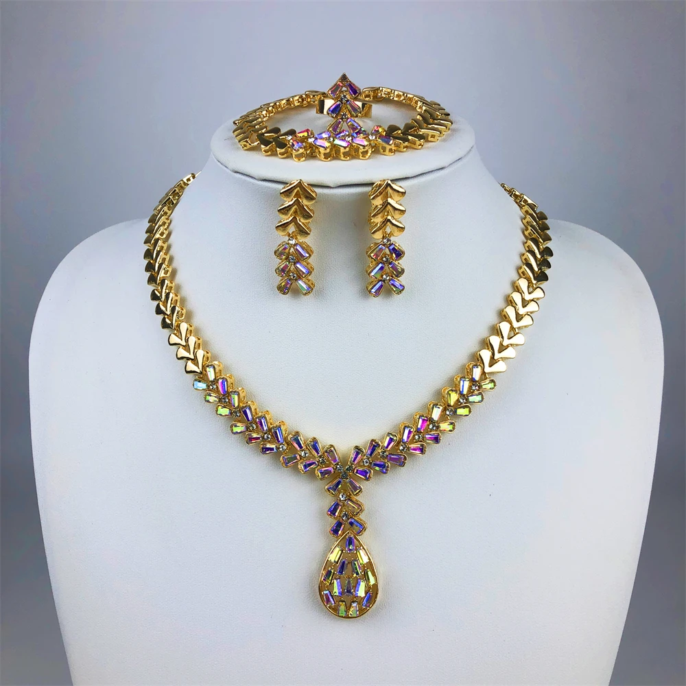 

ESALE Fashion Trendy Women Jewelry Set Gold-Plated Beads Necklace Earrings Bracelet Ring Sets Girls Birthday Gifts