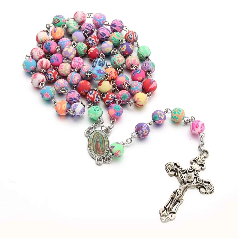 Colorful Soft Pottery Rosary Necklace Hanging Pendant Crafts Colored