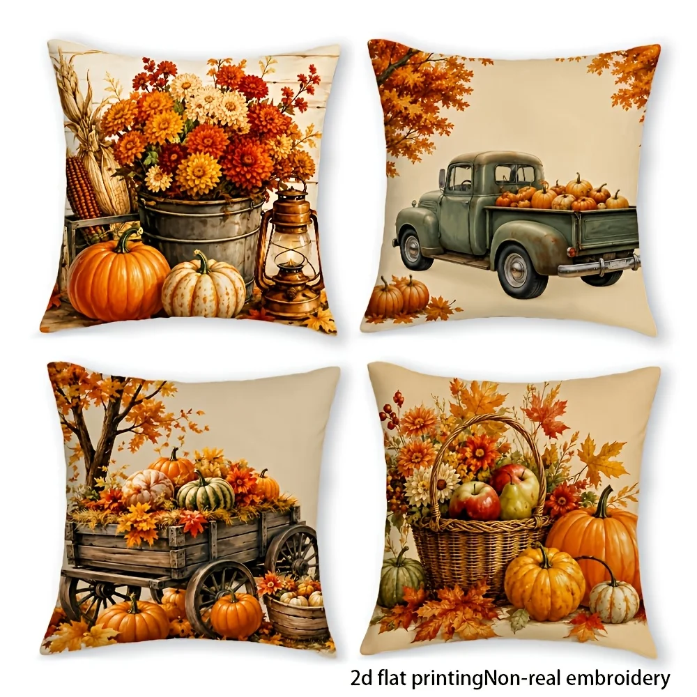 4-Piece Autumn Farmhouse Style Pillow Cover Set | Double-Sided Maple Leaf, Pumpkin & Berry Printed Cushion Covers With Zipper Closure | 2D Flat Printing, Machine Washable | Perfect For Sofa, Bed, Window Decor, Indoor & Outdoor Autumn Harvest Decorations