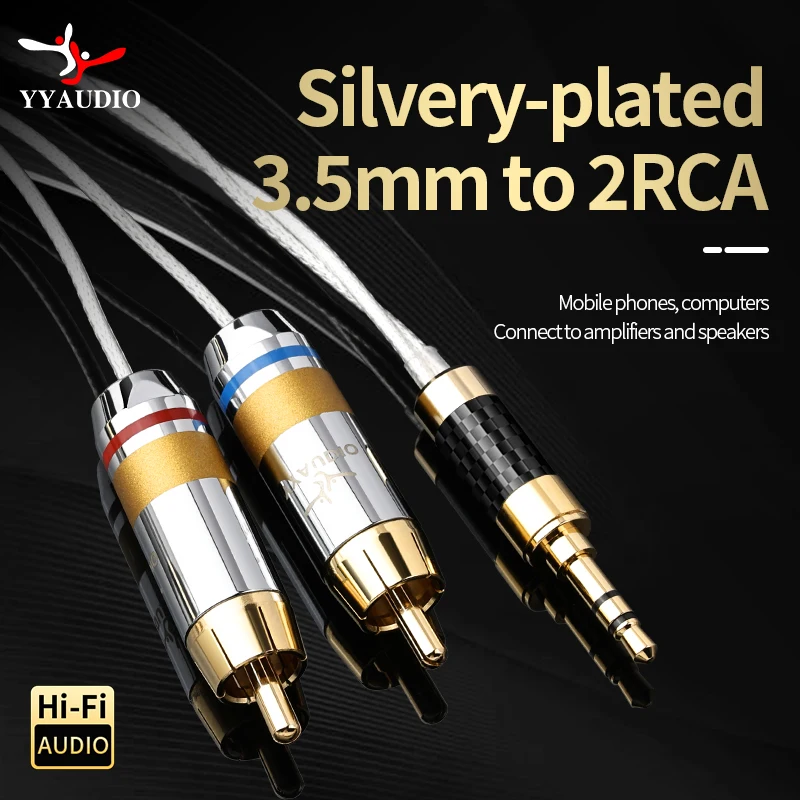 YYAUDIO Hifi 3.5mm to 2 RCA Cable Pure Silver Main Core Siver-plated Screening 3.5mm Jack to 2rca Male Aux Cable Hifi