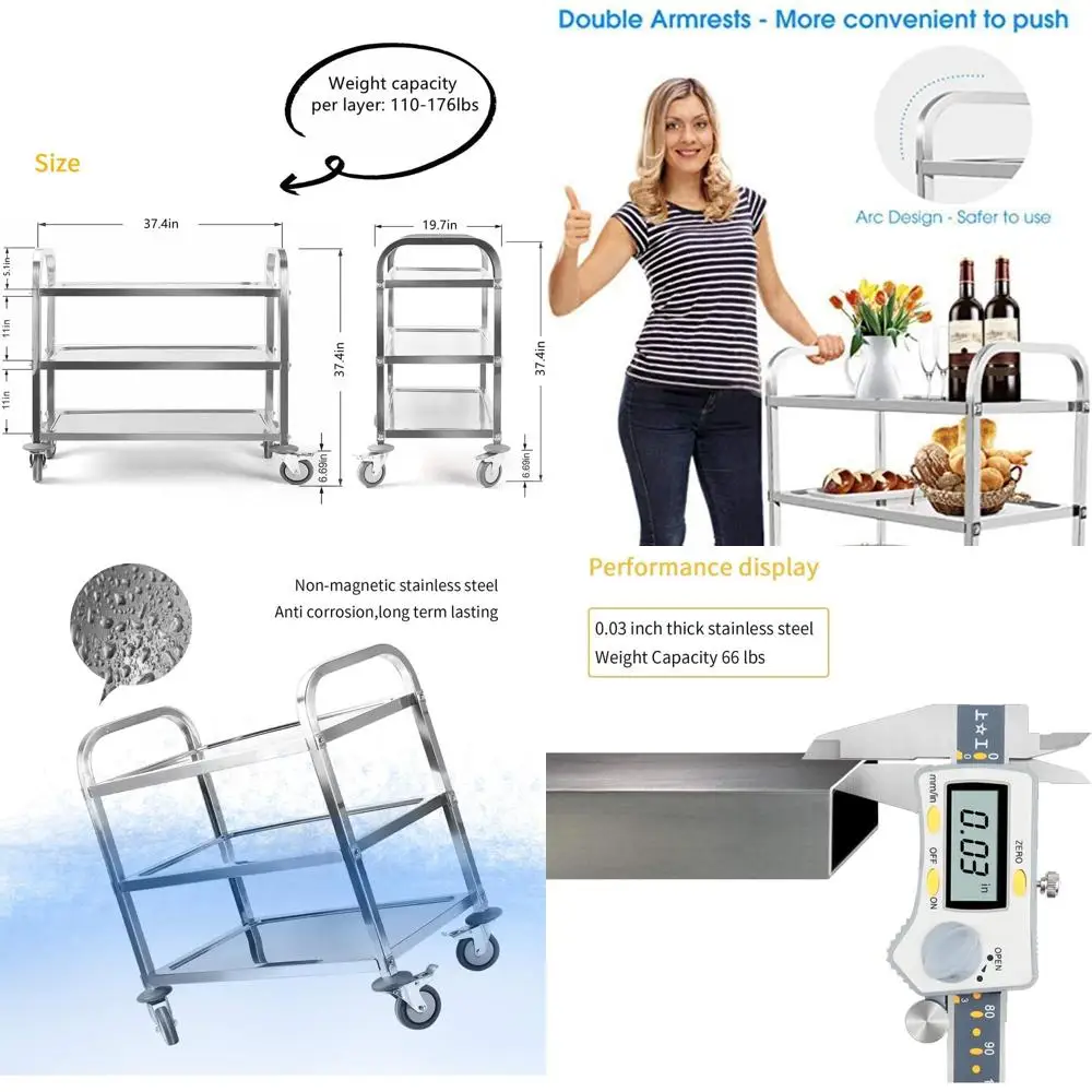 

Трехъярусная кухонная тележка из нержавеющей стали 37,4 x 19,7 x 37,4 см с фиксирующимися колесами для дома, ресторанов и кейтеринга