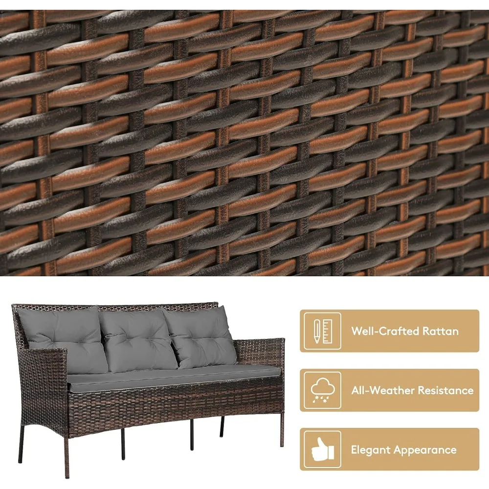 Outdoor Rattan Patio Conversation Set with Tempered Glass Top Table and 5 Cushioned Seats