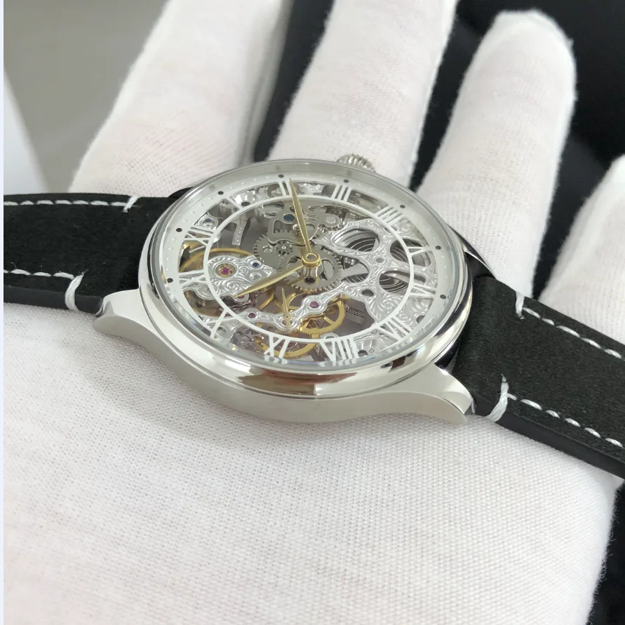 GERRVO 44mm No Logo St3600SK Skeleton Manual Winding Movement 21,600 Dph Golden Hands Men's Pilot Watch GR0626-25