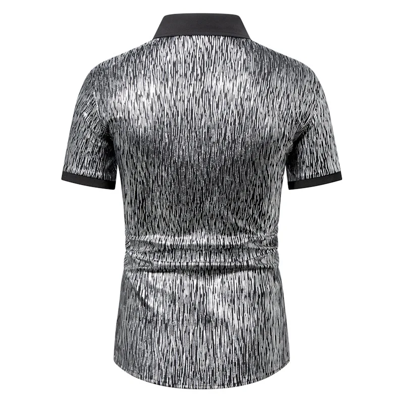 Shiny Silver Metallic Mens Dress Shirts Short Sleeve Button Down Party Shirt for Men Stage Prom Nightclub Costume Shirt Chemise