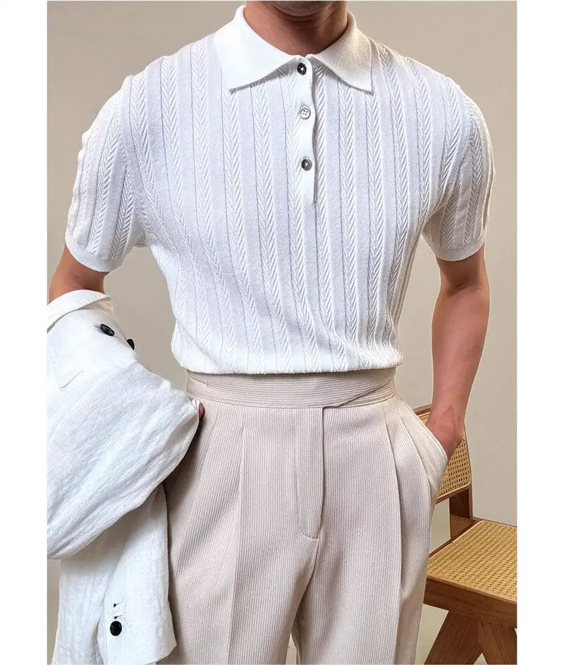 

POLO Shirt Knitted Sweater Short-sleeved Men's 2026 Summer New Lapel Fish Bone Pattern Slim T-shirt