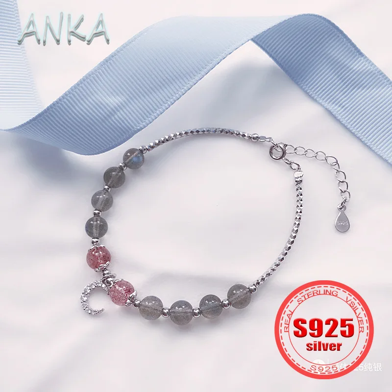 ANKA NEW S925 Sterling Silver Bracelet Plated Pt950 Natural Strawberry Crystal Women Bracelet Crescent Moonstone Jewelry