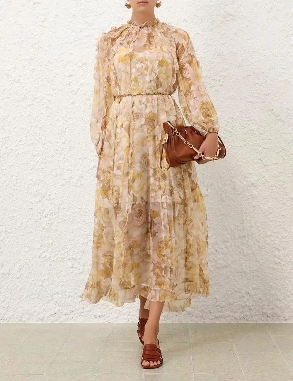 

2025 New Holiday Design Re-tro Floral Print Pure Silk High Quality Pleats Ruffles Women Yellow Midi Dress