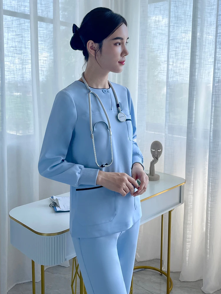 

Комплект униформы для стоматологической ассистентки в корейском стиле, с длинными рукавами, раздельный дизайн, рабочая одежда для салона красоты, костюм для женщины-врача, синий цвет