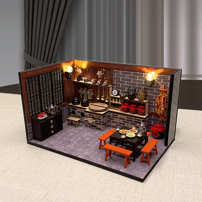 

Dollhouse Miniature DIY Chinese Ancient Kitchen Kit, Vintage Wooden Assembly Model with LED Lights, Pretend Play Educational Toy