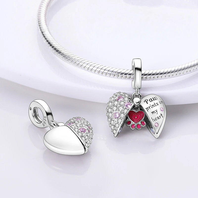 925 Sterling Silver Heart Paw Print Charms Pendant Fit Original Bracelet Bead DIY Women Jewelry Gift