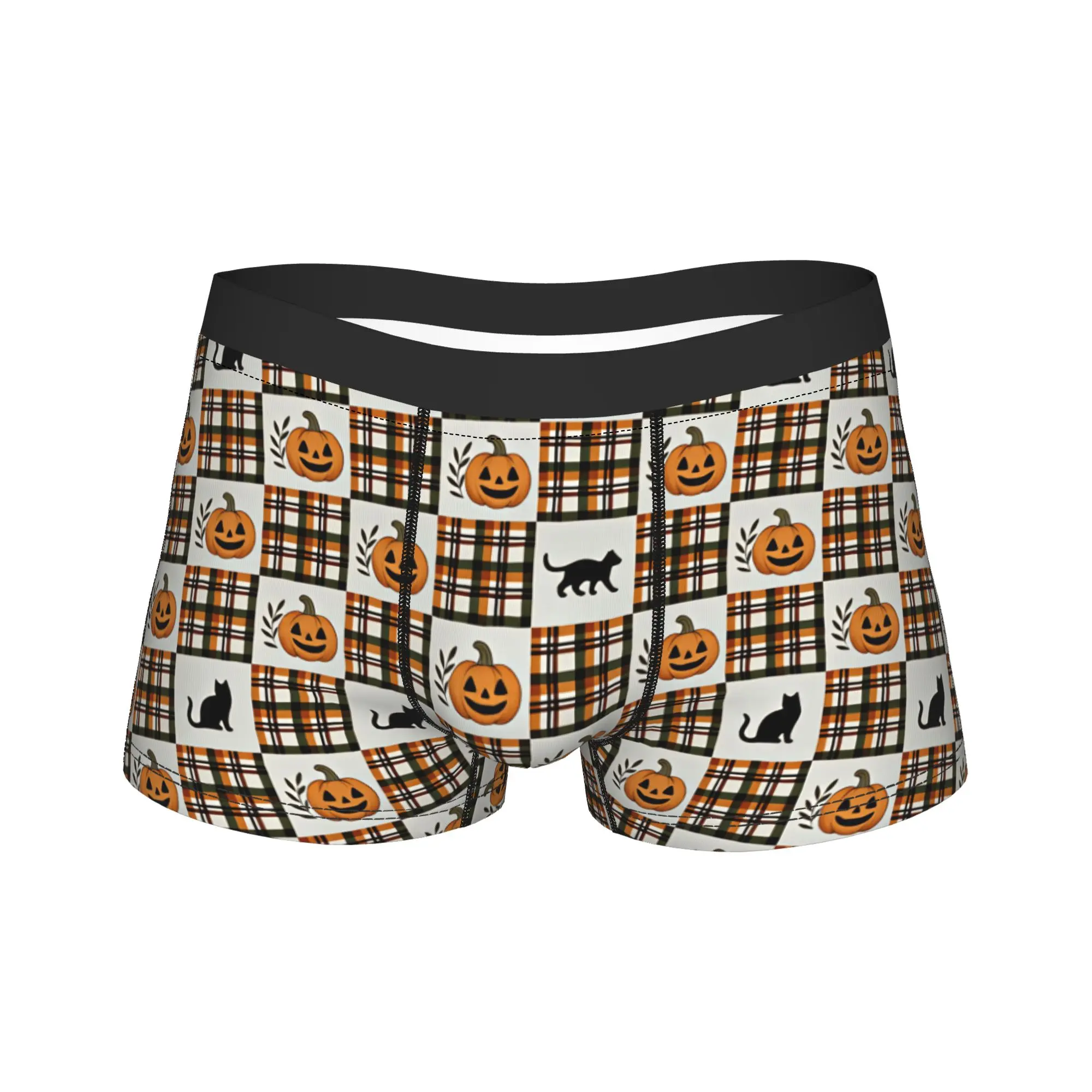 Halloween Plaid Black Cat Pumpkin Checkered Seamless Pattern Underwear Males Boxer Brief Comfortable Boxershorts Plus Size