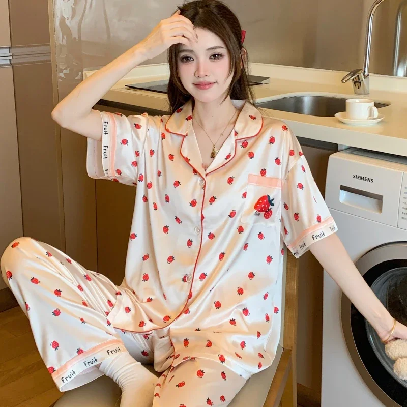 Fresh Sweet Strawberry Kawaii Korean Women\'s Pajamas Y2k Cute Fruit Harajuku Fashion Casual Sleepwear 2024 New Autumn Nightgown