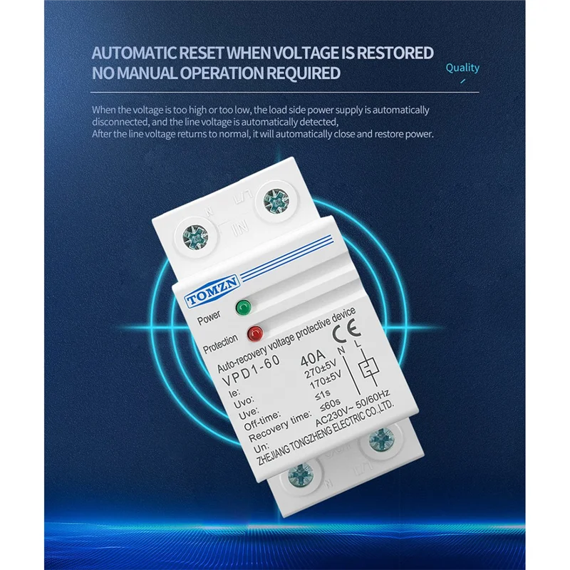 TOMZN 230V Din Rail Automatic Recovery Reconnect over Voltage and Under Voltage Protective Device Protection Relay 60A