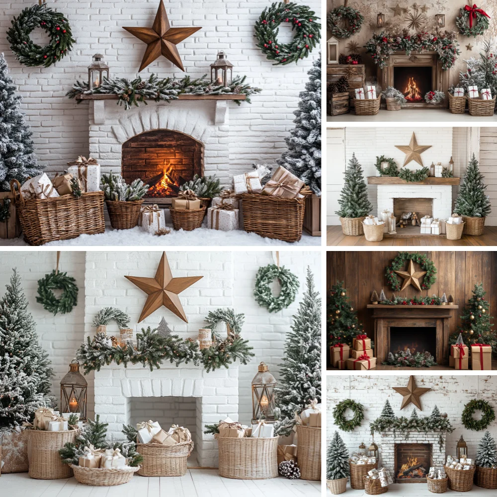 

Retro Fireplace Photography Background Christmas Room Gold Xmas Star Pine Tree Gift Wooden Backdrop Kids Birthday Photo Studio
