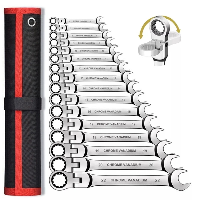 Flex Head Ratcheting Wrench Set,Combination Ended Spanner kits, Chrome Vanadium Steel Hand Tools Socket Key Ratchet Wrench set