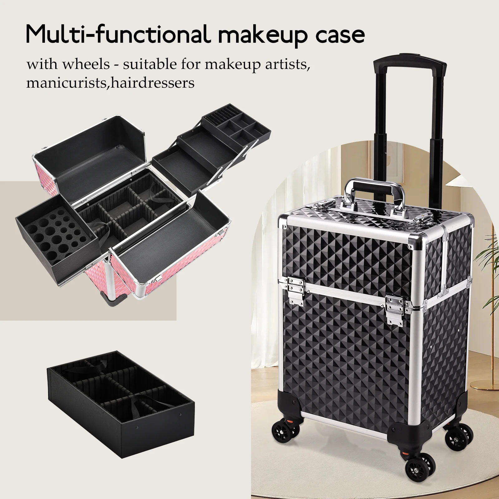 

Rolling Makeup Train Case Large Storage Cosmetic Trolley 4 Tray with Sliding Rail Removable with Key Wheels Traveling Cart Trunk