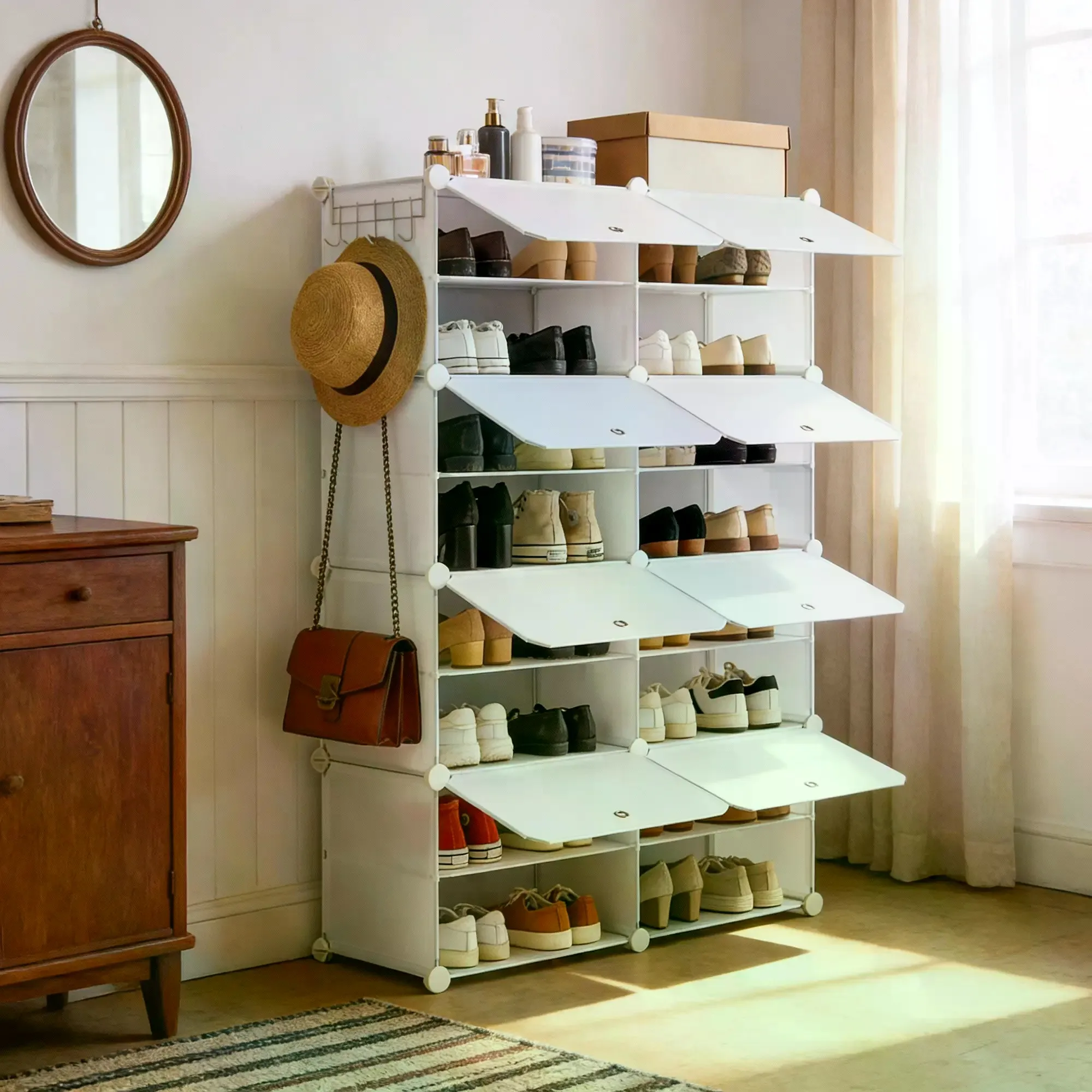 Sweetcrispy S-Shoe Rack Organizer - 6/8-Tier, 24/32-Capacity, Sturdy Metal Frame, Black & White Plastic Panels, Side Hooks, Waterproof, Durable Reinforced, Easy Installation, Storage Organization, House Organizers, Apartment Accessories, for Entryways