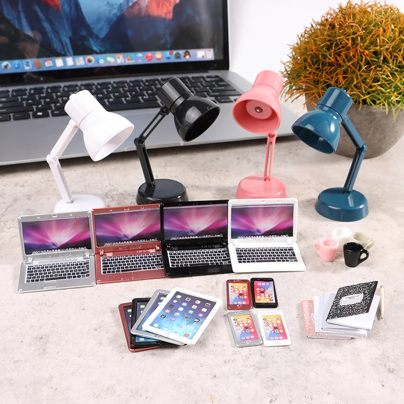 1:12 Dollhouse Miniature Laptop Phone Tablet Desk Lamp Book Model Furniture Set For Doll House Decor Accessories Kids Toys Gift