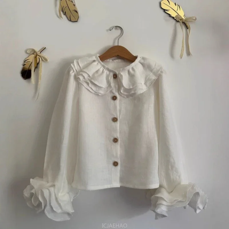 Teen Girl Clothes Kids Kids Long Sleeve Top Costume Spring Autumn French Style Girls Linen Blouse Layered Lace Shirt Versatile