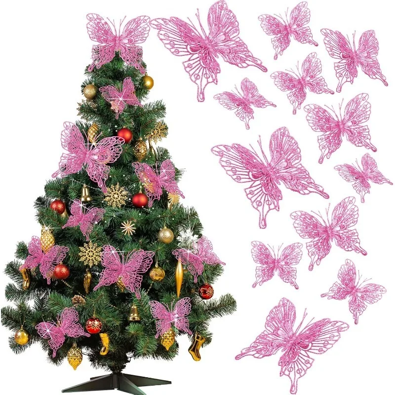 5/10 Stück glitzernde Schmetterlinge, Weihnachtsdekoration, Weihnachtsbaum, funkelnde Schmetterlinge, hängende Ornamente, Heimdekoration, Neujahr 2025, Geschenk – Detail 7