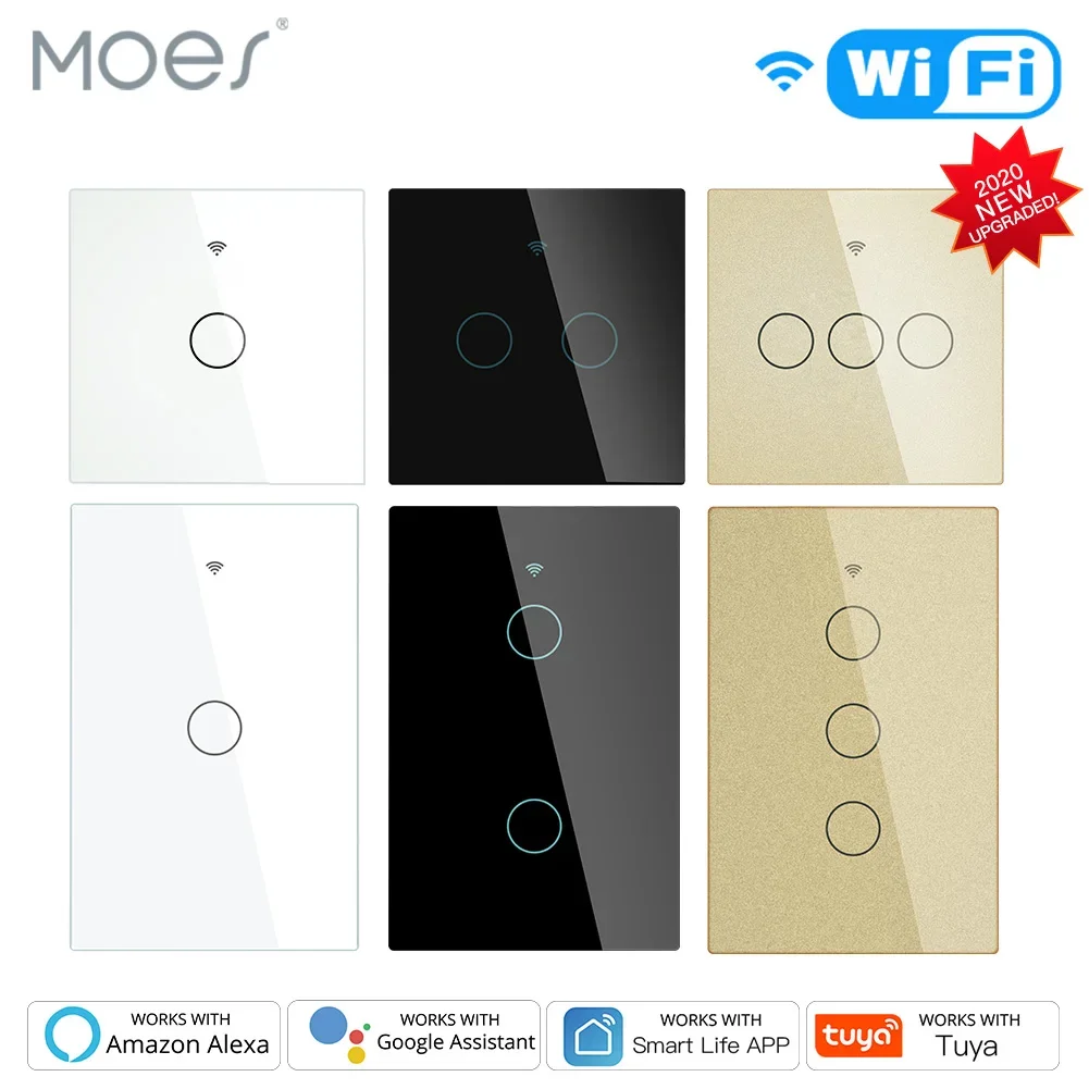 WiFi Smart Light Switch No Neutral Wire Required Smart Life Tuya APP control Alexa Google Home Compatible 1/2/3/4 Gang EU US