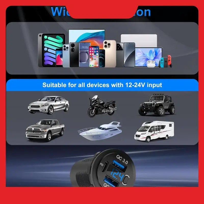

12V Waterproof Quick Charging Port,USB C Car Charger Socket Dual QC3.0 18W& PD 30W With Voltmeter For Marine Boat Car