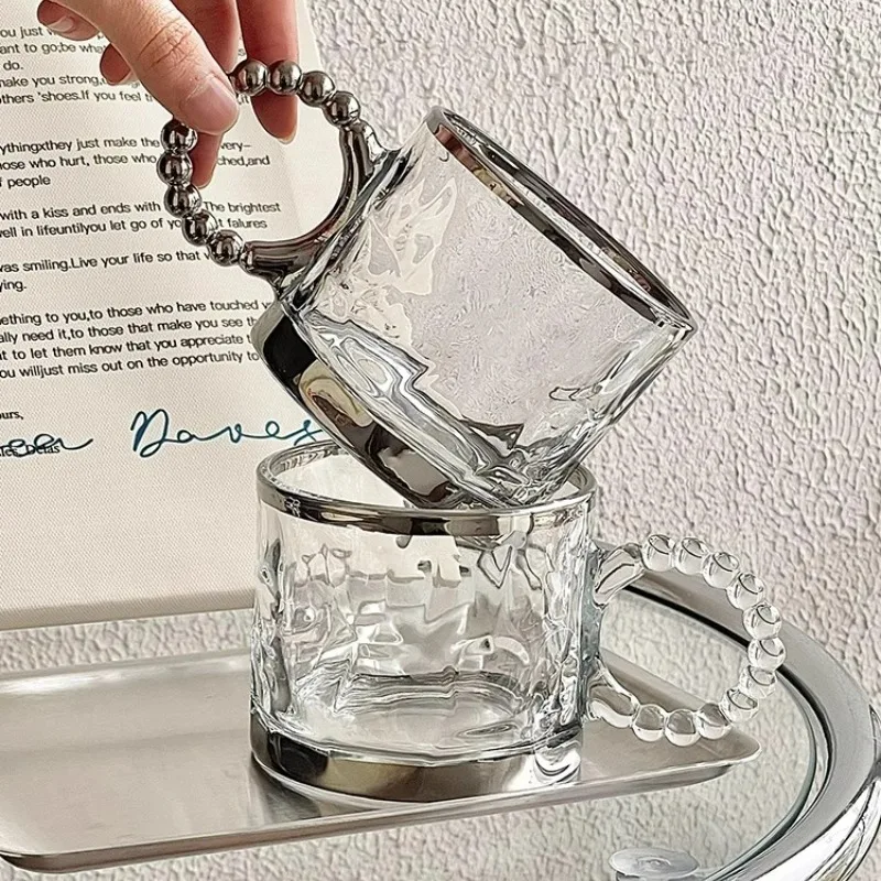 Personalized Silver Beaded Mug Large Ears Silver Mugs Iced American Latte Coffee Glasses Cups High-end Glass Water Cup Home Tool