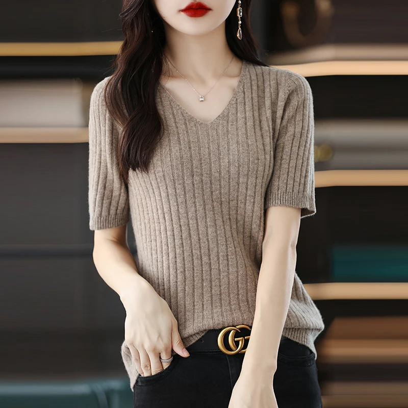 Lâche v-ne glace soie ort Sve T-irt femmes été nouveau Sle tricoté haut de couleur grande taille coréen Sle trajet vent